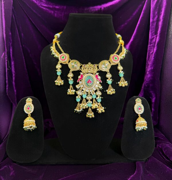 Gold-sea green stone necklace set