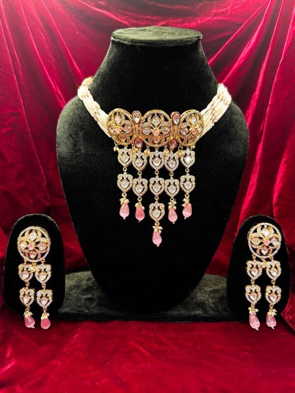 Pearl-choker kundan pink stone necklace set-NE036