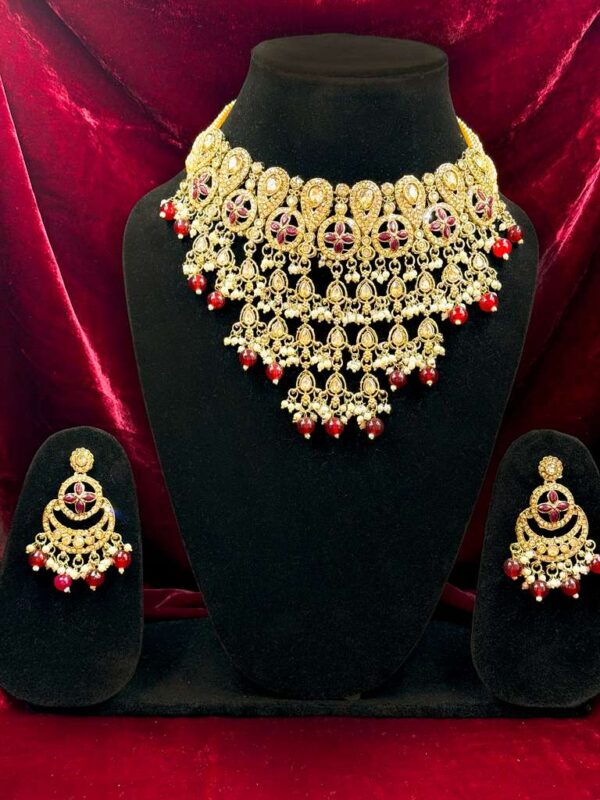 Golden kundan red drop necklace set-NE040