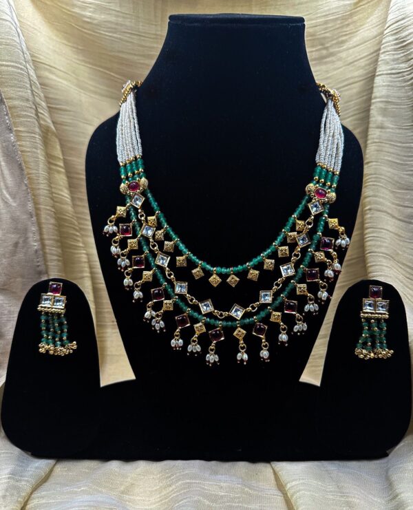 Double layer green and pearl necklace set-NE032