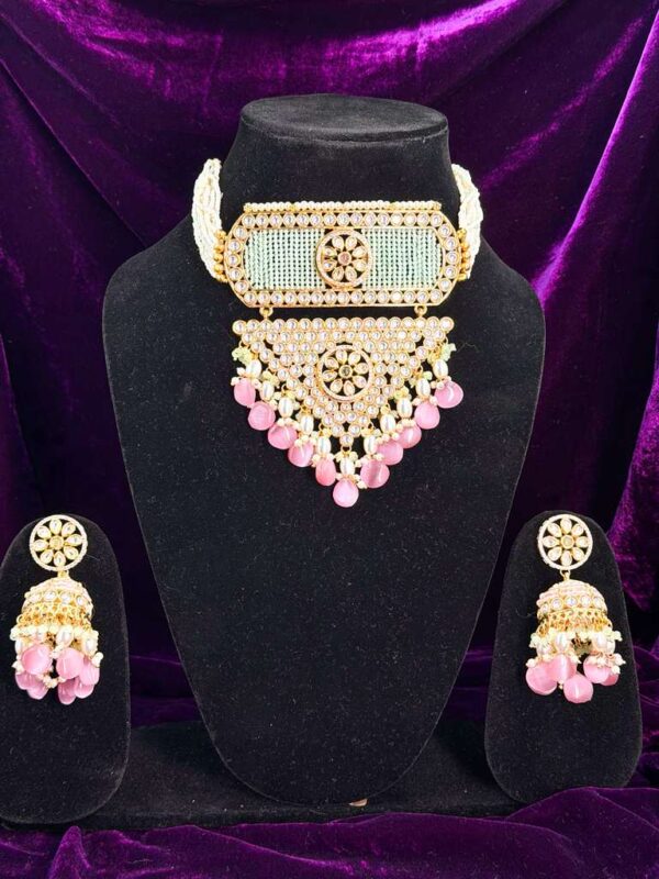 Kundan Sea green-pink necklace set-NE043