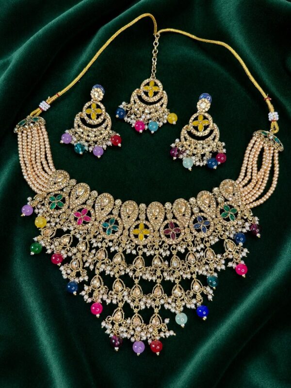 Multi coloured necklace set with maangtikka-NE038