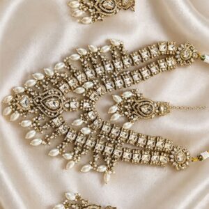 Golden-pearl necklace set with maangtikka-NE031