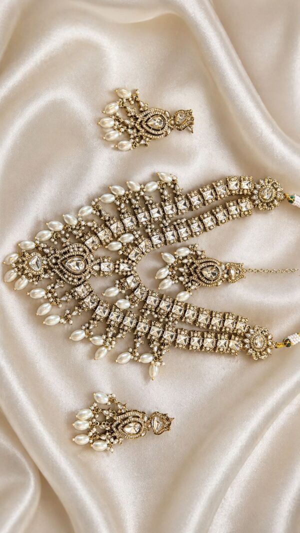 Golden-pearl necklace set with maangtikka-NE031